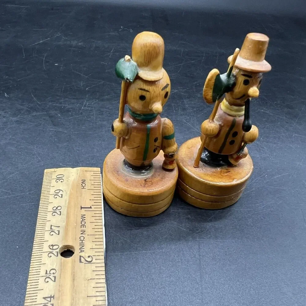Vtg 2 Wood Handpainted Pencil Sharpeners Pipe Tophat Hiking Staff Midievel Tool